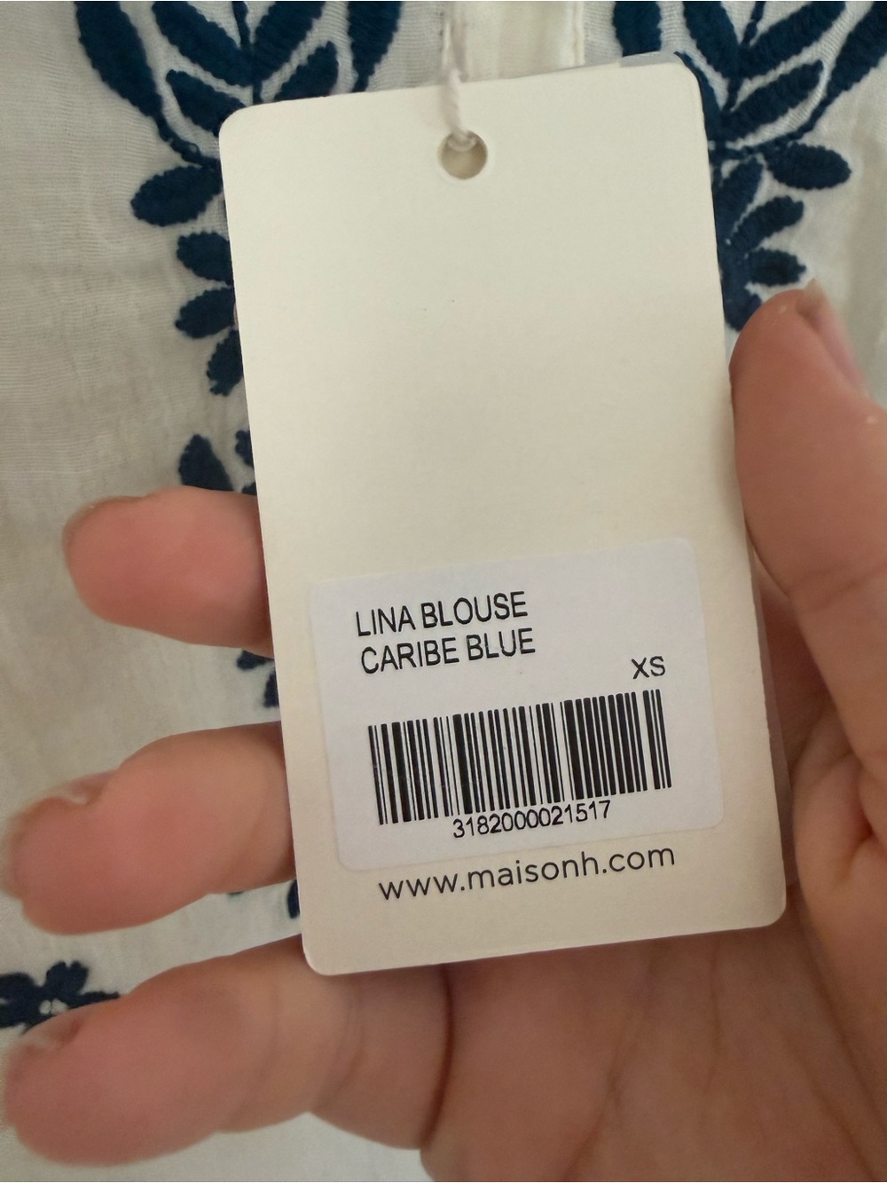 NWT Maison Hotel Blouse Lina Long Sleeve in Caribe Blue Cream Embroidered Floral - Picture 9 of 10